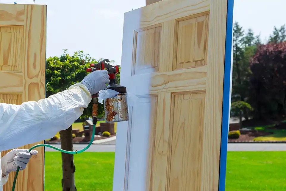 Primer plano de una persona aplicando pintura con una pistola pulverizadora a una puerta de madera al aire libre, con guantes y traje de protección, en un día soleado.