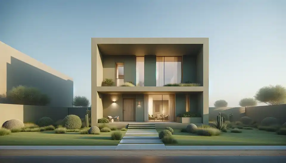 Casa contemporánea de diseño minimalista con dos plantas, grandes ventanas, balcones y un jardín delantero con vegetación desértica, al atardecer.